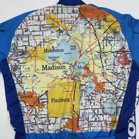 Wisconsin Mens Medium Full Zip Cycling Jersey Xl Madison, WI Biking Map Blue - Picture 10 of 11